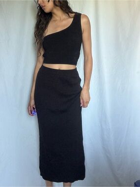 Mijeong Park Asymmetrical One-Shoulder Black Crop Top & Midi Skirt Set